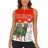 Kyrgyzstan Christmas Women Sleeveless Polo Shirt with Mountain Goat in Festive Red Snowflake Pattern and Holiday Tree - Wonder Print Shop