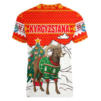 Kyrgyzstan Christmas Women V-Neck T-Shirt with Mountain Goat in Festive Red Snowflake Pattern and Holiday Tree - Wonder Print Shop