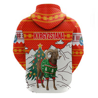 Kyrgyzstan Christmas Zip Hoodie with Mountain Goat in Festive Red Snowflake Pattern and Holiday Tree - Wonder Print Shop