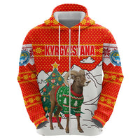 Kyrgyzstan Christmas Zip Hoodie with Mountain Goat in Festive Red Snowflake Pattern and Holiday Tree - Wonder Print Shop