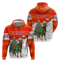 Kyrgyzstan Christmas Zip Hoodie with Mountain Goat in Festive Red Snowflake Pattern and Holiday Tree - Wonder Print Shop