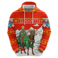 Kyrgyzstan Christmas Zip Hoodie with Mountain Goat in Festive Red Snowflake Pattern and Holiday Tree - Wonder Print Shop