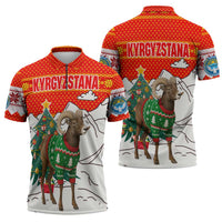 Kyrgyzstan Christmas Zipper Polo Shirt with Mountain Goat in Festive Red Snowflake Pattern and Holiday Tree - Wonder Print Shop