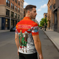 Kyrgyzstan Christmas Zipper Polo Shirt with Mountain Goat in Festive Red Snowflake Pattern and Holiday Tree - Wonder Print Shop