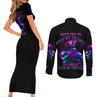 Don't Try To Figure Me Out Couples Matching Short Sleeve Bodycon Dress and Long Sleeve Button Shirt - Wonder Print Shop