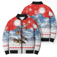 German Shepherd Christmas Bomber Puffer Jacket with Santa Sleigh Ride and Snowy Mountain Design - Wonder Print Shop