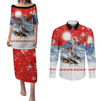 German Shepherd Christmas Couples Matching Puletasi and Long Sleeve Button Shirt with Santa Sleigh Ride and Snowy Mountain Design - Wonder Print Shop
