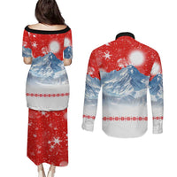German Shepherd Christmas Couples Matching Puletasi and Long Sleeve Button Shirt with Santa Sleigh Ride and Snowy Mountain Design - Wonder Print Shop