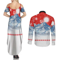 German Shepherd Christmas Couples Matching Summer Maxi Dress and Long Sleeve Button Shirt with Santa Sleigh Ride and Snowy Mountain Design - Wonder Print Shop