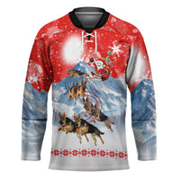 German Shepherd Christmas Hockey Jersey with Santa Sleigh Ride and Snowy Mountain Design - Wonder Print Shop