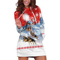 German Shepherd Christmas Hoodie Dress with Santa Sleigh Ride and Snowy Mountain Design - Wonder Print Shop