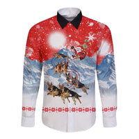 German Shepherd Christmas Long Sleeve Button Shirt with Santa Sleigh Ride and Snowy Mountain Design - Wonder Print Shop