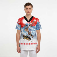 German Shepherd Christmas Scrub Top with Santa Sleigh Ride and Snowy Mountain Design - Wonder Print Shop