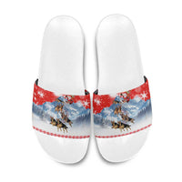 German Shepherd Christmas Slide Sandals with Santa Sleigh Ride and Snowy Mountain Design - Wonder Print Shop