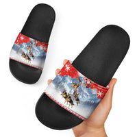 German Shepherd Christmas Slide Sandals with Santa Sleigh Ride and Snowy Mountain Design - Wonder Print Shop