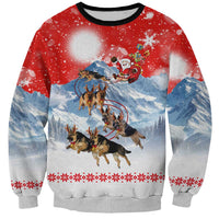 German Shepherd Christmas Sweatshirt with Santa Sleigh Ride and Snowy Mountain Design - Wonder Print Shop