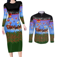 German Shepherd Christmas Couples Matching Long Sleeve Bodycon Dress and Long Sleeve Button Shirt with Santa Sleigh and Holiday Ornament Design - Wonder Print Shop