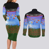 German Shepherd Christmas Couples Matching Long Sleeve Bodycon Dress and Long Sleeve Button Shirt with Santa Sleigh and Holiday Ornament Design - Wonder Print Shop