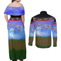 German Shepherd Christmas Couples Matching Off Shoulder Maxi Dress and Long Sleeve Button Shirt with Santa Sleigh and Holiday Ornament Design - Wonder Print Shop