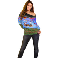 German Shepherd Christmas Off Shoulder Sweater with Santa Sleigh and Holiday Ornament Design - Wonder Print Shop