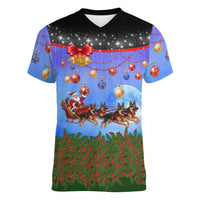 German Shepherd Christmas Women V-Neck T-Shirt with Santa Sleigh and Holiday Ornament Design - Wonder Print Shop