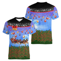 German Shepherd Christmas Women V-Neck T-Shirt with Santa Sleigh and Holiday Ornament Design - Wonder Print Shop