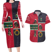 German Shepherd Puppy Christmas Couples Matching Long Sleeve Bodycon Dress and Hawaiian Shirt with Ornaments Wreath and Nutcracker Design - Wonder Print Shop
