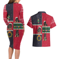 German Shepherd Puppy Christmas Couples Matching Long Sleeve Bodycon Dress and Hawaiian Shirt with Ornaments Wreath and Nutcracker Design - Wonder Print Shop