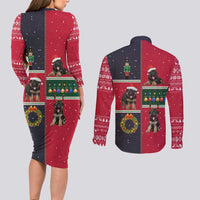 German Shepherd Puppy Christmas Couples Matching Long Sleeve Bodycon Dress and Long Sleeve Button Shirt with Ornaments Wreath and Nutcracker Design - Wonder Print Shop