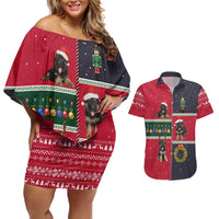 German Shepherd Puppy Christmas Couples Matching Off Shoulder Short Dress and Hawaiian Shirt with Ornaments Wreath and Nutcracker Design - Wonder Print Shop