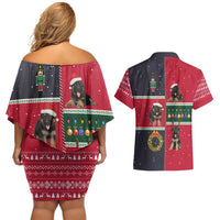 German Shepherd Puppy Christmas Couples Matching Off Shoulder Short Dress and Hawaiian Shirt with Ornaments Wreath and Nutcracker Design - Wonder Print Shop