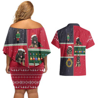German Shepherd Puppy Christmas Couples Matching Off Shoulder Short Dress and Hawaiian Shirt with Ornaments Wreath and Nutcracker Design - Wonder Print Shop
