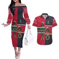German Shepherd Puppy Christmas Couples Matching Off The Shoulder Long Sleeve Dress and Hawaiian Shirt with Ornaments Wreath and Nutcracker Design - Wonder Print Shop
