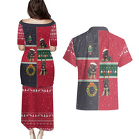 German Shepherd Puppy Christmas Couples Matching Puletasi and Hawaiian Shirt with Ornaments Wreath and Nutcracker Design - Wonder Print Shop