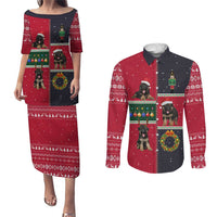 German Shepherd Puppy Christmas Couples Matching Puletasi and Long Sleeve Button Shirt with Ornaments Wreath and Nutcracker Design - Wonder Print Shop