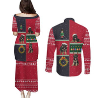 German Shepherd Puppy Christmas Couples Matching Puletasi and Long Sleeve Button Shirt with Ornaments Wreath and Nutcracker Design - Wonder Print Shop