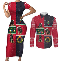 German Shepherd Puppy Christmas Couples Matching Short Sleeve Bodycon Dress and Long Sleeve Button Shirt with Ornaments Wreath and Nutcracker Design - Wonder Print Shop