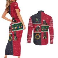 German Shepherd Puppy Christmas Couples Matching Short Sleeve Bodycon Dress and Long Sleeve Button Shirt with Ornaments Wreath and Nutcracker Design - Wonder Print Shop