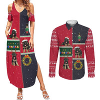German Shepherd Puppy Christmas Couples Matching Summer Maxi Dress and Long Sleeve Button Shirt with Ornaments Wreath and Nutcracker Design - Wonder Print Shop