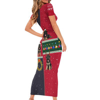 German Shepherd Puppy Christmas Short Sleeve Bodycon Dress with Ornaments Wreath and Nutcracker Design - Wonder Print Shop
