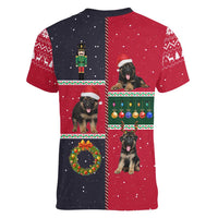 German Shepherd Puppy Christmas Women V-Neck T-Shirt with Ornaments Wreath and Nutcracker Design - Wonder Print Shop