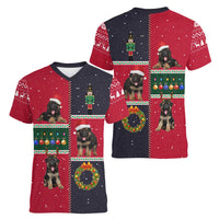 German Shepherd Puppy Christmas Women V-Neck T-Shirt with Ornaments Wreath and Nutcracker Design - Wonder Print Shop