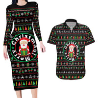 Gift For Merry Christmas Couples Matching Long Sleeve Bodycon Dress and Hawaiian Shirt with Santa Claus and Holiday Icons Pattern - Wonder Print Shop
