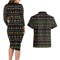 Gift For Merry Christmas Couples Matching Long Sleeve Bodycon Dress and Hawaiian Shirt with Santa Claus and Holiday Icons Pattern - Wonder Print Shop