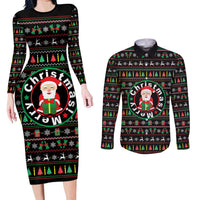 Gift For Merry Christmas Couples Matching Long Sleeve Bodycon Dress and Long Sleeve Button Shirt with Santa Claus and Holiday Icons Pattern - Wonder Print Shop