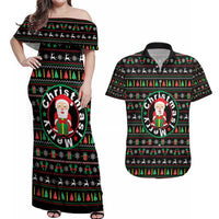 Gift For Merry Christmas Couples Matching Off Shoulder Maxi Dress and Hawaiian Shirt with Santa Claus and Holiday Icons Pattern - Wonder Print Shop