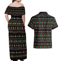 Gift For Merry Christmas Couples Matching Off Shoulder Maxi Dress and Hawaiian Shirt with Santa Claus and Holiday Icons Pattern - Wonder Print Shop