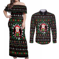 Gift For Merry Christmas Couples Matching Off Shoulder Maxi Dress and Long Sleeve Button Shirt with Santa Claus and Holiday Icons Pattern - Wonder Print Shop