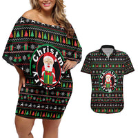 Gift For Merry Christmas Couples Matching Off Shoulder Short Dress and Hawaiian Shirt with Santa Claus and Holiday Icons Pattern - Wonder Print Shop