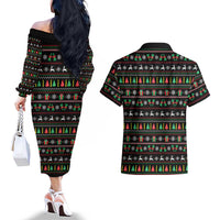 Gift For Merry Christmas Couples Matching Off The Shoulder Long Sleeve Dress and Hawaiian Shirt with Santa Claus and Holiday Icons Pattern - Wonder Print Shop